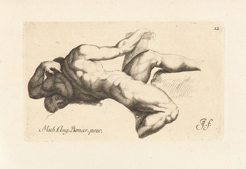 Nude man lying on his left side