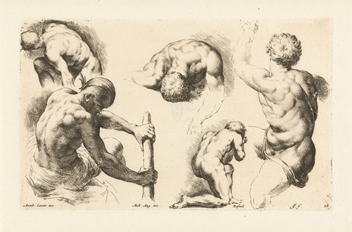 Five nude men in various positions