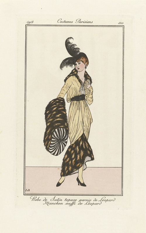 Journal des Dames et des Modes – Robe de Satin topaze garnie de Léopard Manchon aussi de Léopard