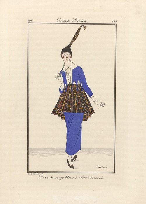 Journal des Dames et des Modes – Robe de serge bleue à volant écossais