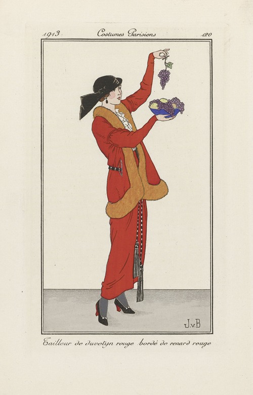 Journal des Dames et des Modes – Tailleur de duvetijn rouge bordé de renard rouge