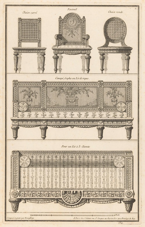 Chaise carré, Fauteuil, Chaise ronde, Canapé, Sopha ou Lit de reps, Pour un Lit à 3 Chevets