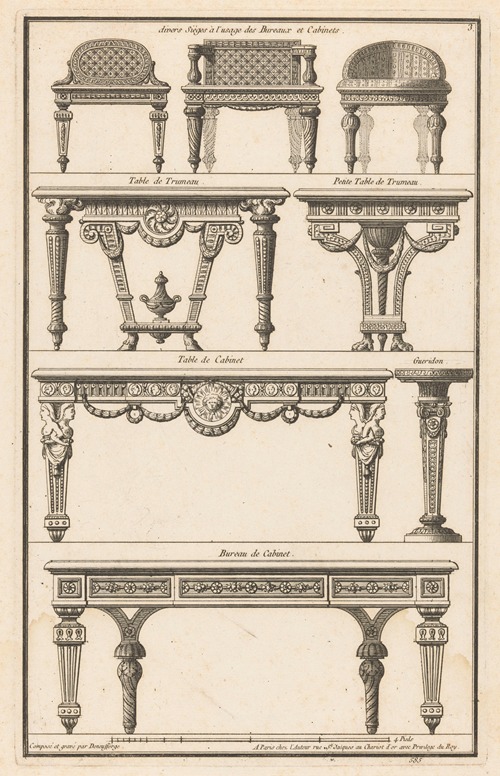 divers Sièges à l’usage des Bureaux et Cabinets, Table de Trumeau, Petite Table de Trumeau, Table de Cabinet, Gueridon, Bureau de Cabinet