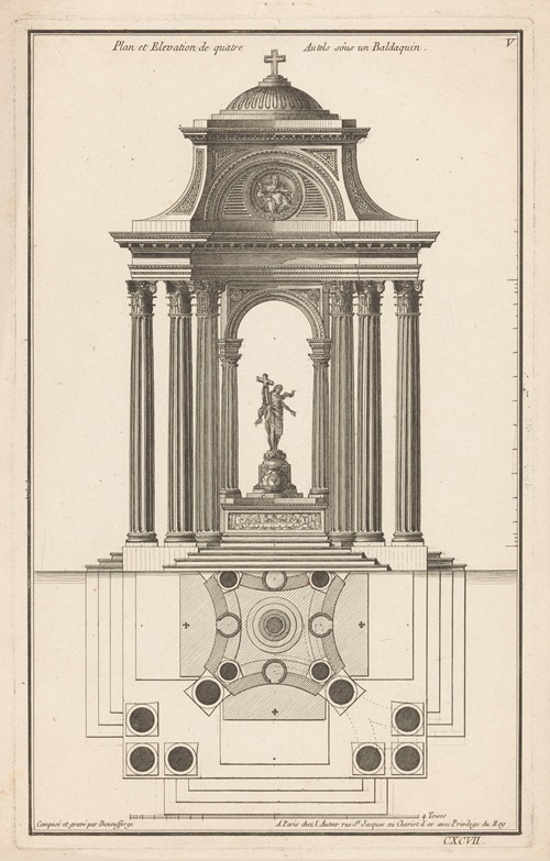 Plan et Elevation de quatre Autels sous un Baldaquin