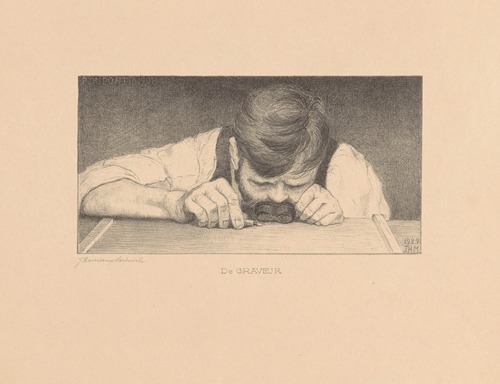 De graveur Pieter Dupont aan het werk in 1908