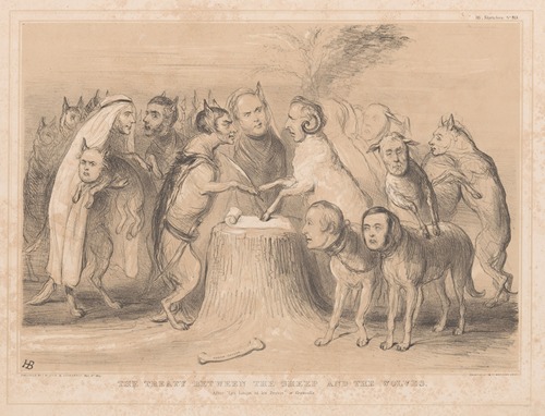 The treaty between the sheep and the wolves. After ‘Les Loups et les Brevis’ of Granville