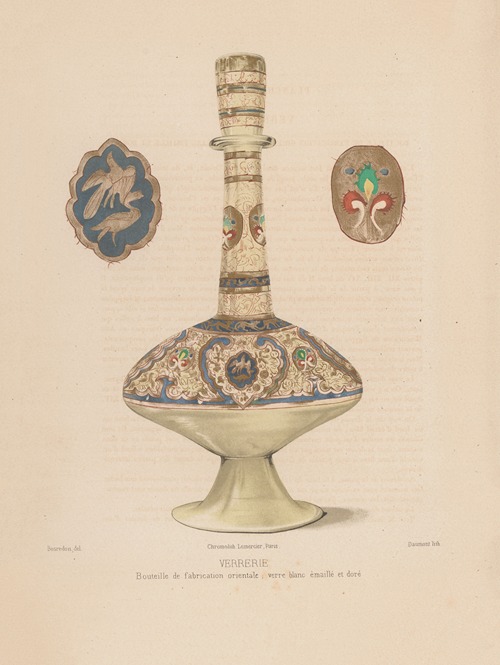 Bouteille de fabrication orientale, verre blanc emaillé et doré