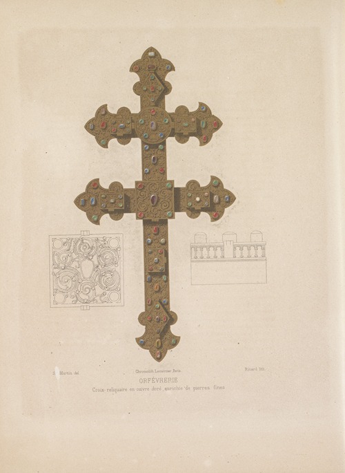 Croix-reliquaire en cuivre doré, enrichie de pierres fines