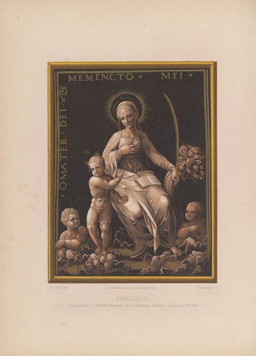 Email peint, Grisaille réhaussée d’or à carnations teintées, La Vierge et l’Enfant