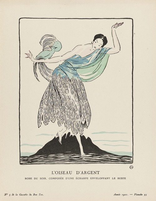 Gazette du Bon Ton – L’oiseau d’argent Robe du soir, composée d’une écharpe enveloppant le buste