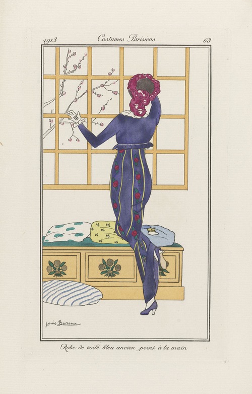 Journal des Dames et des Modes – Robe de voile bleu ancien peint à la main