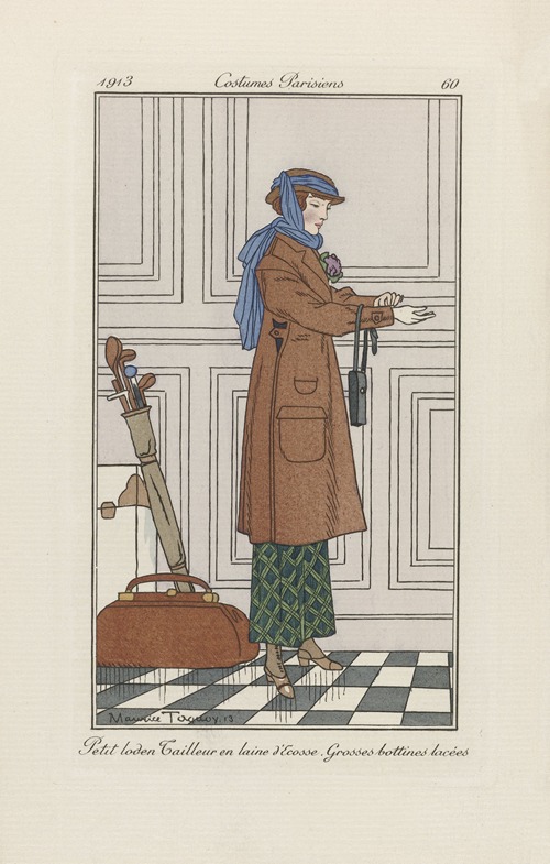 Journal des Dames et des Modes – Petit loden Tailleur en laine d’Ecosse. Grosses bottines lacées