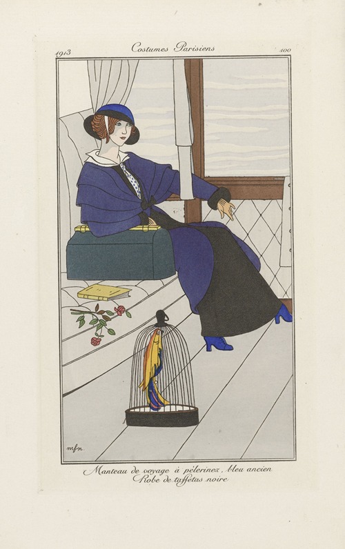 Journal des Dames et des Modes – Manteau de voyage à péleriner, bleu ancien Robe de taffetas noire