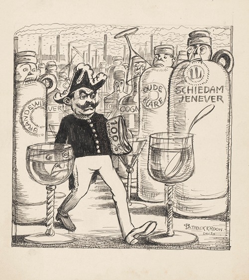 Minister S. de Vries tussen flessen drank