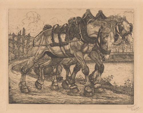 Twee jaagpaarden langs de Marne.