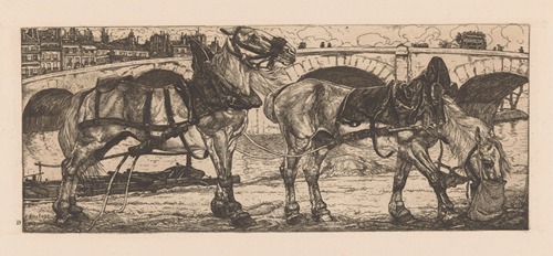 Twee trekpaarden bij de Seine in Parijs