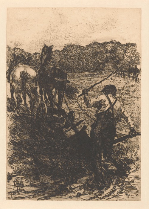 Boer met twee ploegende paarden