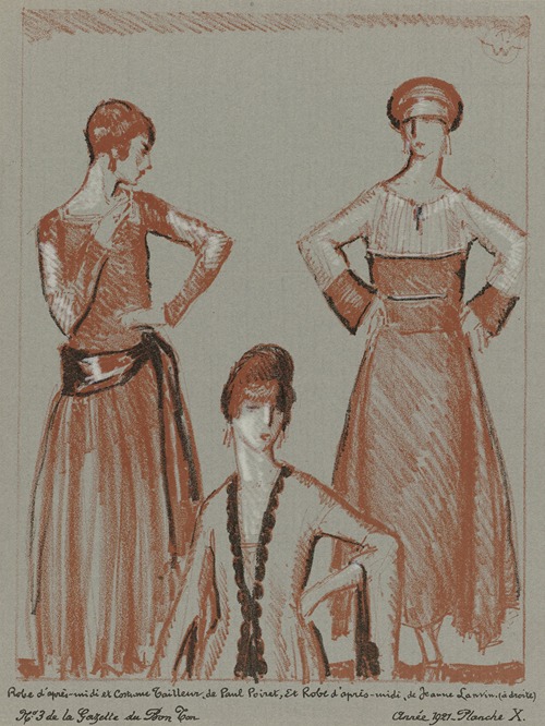 Gazette du Bon Ton – Robe d’après-midi et costume tailleur, de Paul Poiret, et robe d’après-midi, de Jeanne Lanvin