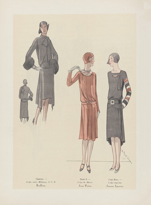Art – Goût – Beauté – GERMINA. – Crêpe satin Milbourg A.G.B. Redfern. ; SPORT 8. – Crêpe du Maroc. Jean Patou. ; CIMA ROSA. – Crêpe imprimé. Jeanne Lanvin