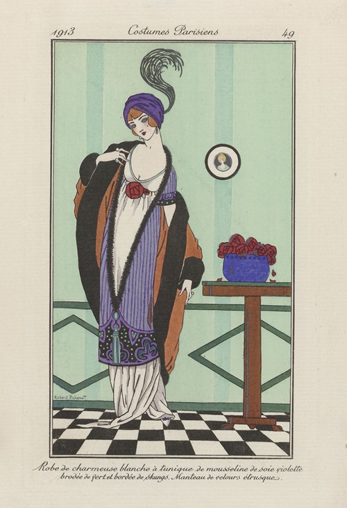 Journal des Dames et des Modes – Robe de charmeuse blanche à tunique de mousseline de soie violette brodée de vert et bordée de skungs