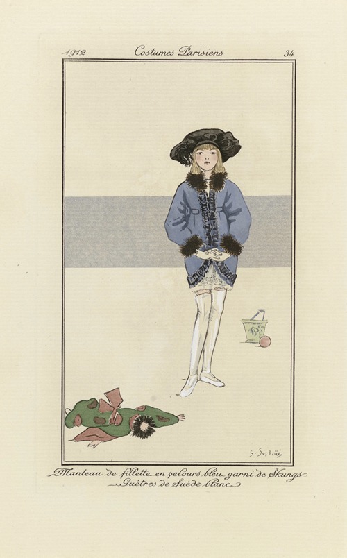 Journal des Dames et des Modes – Manteau de fillette en velours bleu garni de Skungs Guêtres de Suède blanc