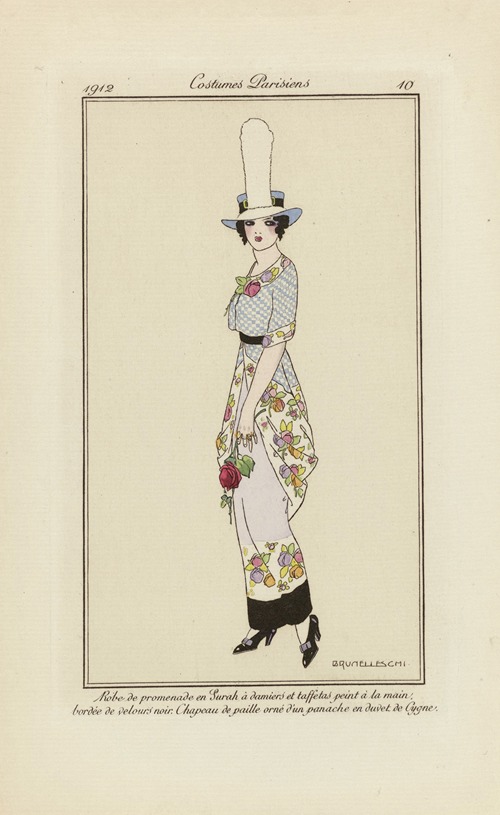 Journal des Dames et des Modes – Robe de promenade en Sarah à damiers et taffetas peint à la main