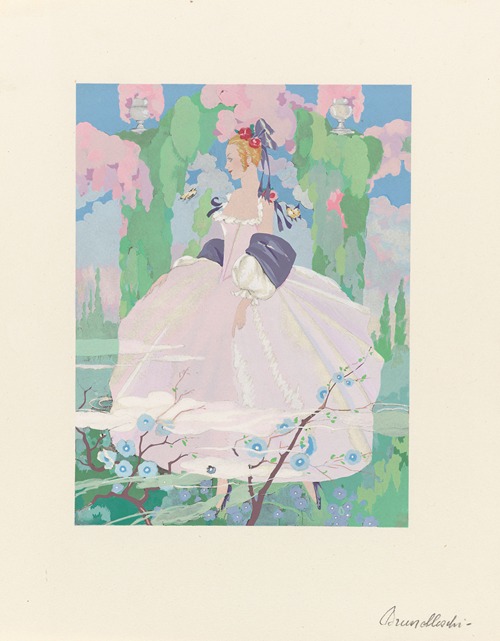 La Guirlande – Woman in pink dress in garden