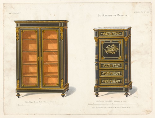 Bibliothèque Louis XVI, (Filets et Bronze) ; Chiffonnier Louis XVI (marqueterie de Cuivre)