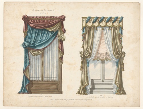 Fenètre festons retroussés, à la Méternick ; Fenêtre lambrequin à torsades en draperie