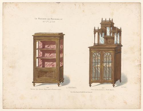 Vitrine de Salon (Noyer teinté et Moulures cuivre) ; Petit meuble de alon (Modèle déposé)