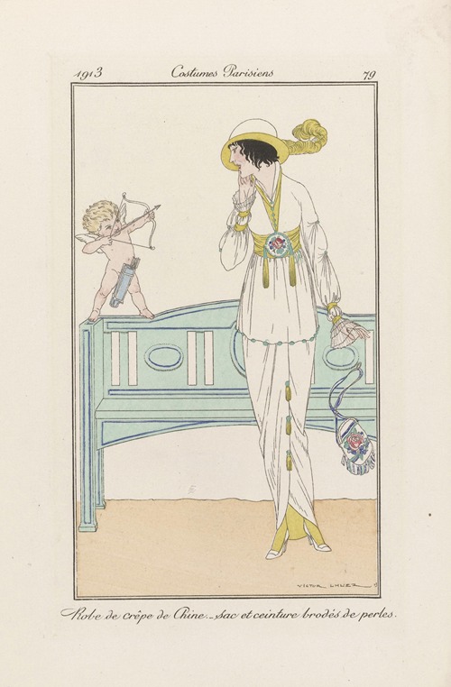 Journal des Dames et des Modes – Robe de crêpe de Chine-sac et ceinture brodés de perles