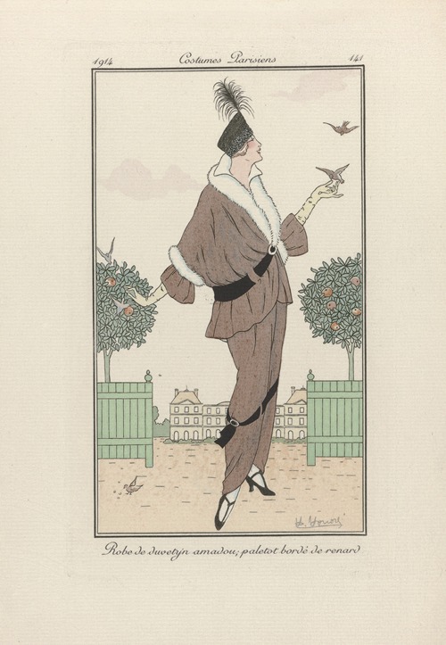 Journal des Dames et des Modes – Robe de duvetyn amadou; paletot bordé de renard