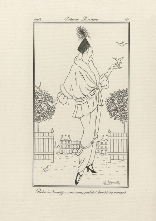 Journal des Dames et des Modes – Robe de duvetyn amadou; paletot bordé de renard