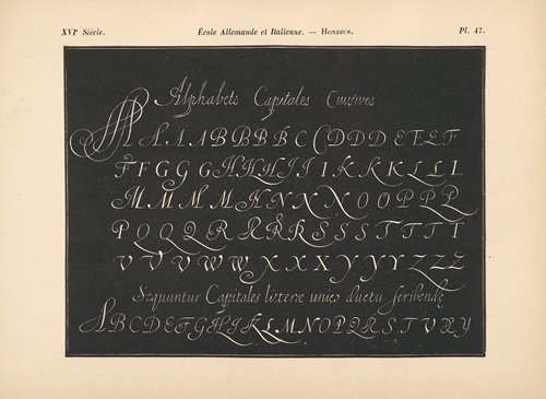 Écoles‎ ‎Allemande‎ et‎ ‎Italienne – Hondius – Alphabet‎ ‎de‎ ‎trois‎ ‎sortes‎ ‎de‎ ‎lettres‎ ‎capitales‎ ‎cursives