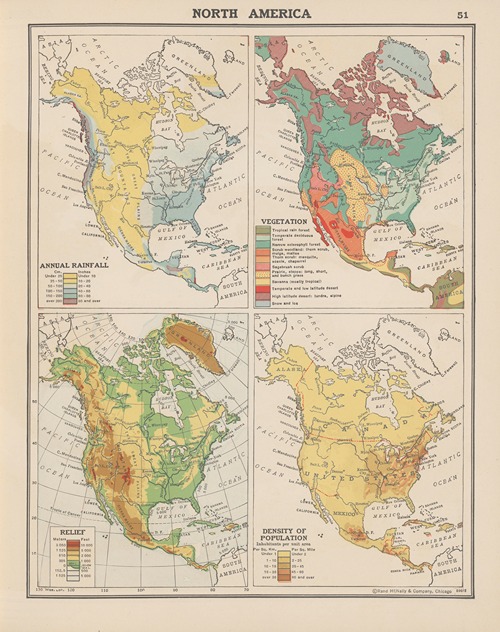 North America; Annual Rainfall, Vegetation, Land Relief, Density of Population
