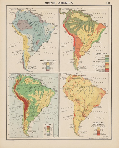 South America, Annual Rainfall, Vegetation, Land Relief, Density of Population