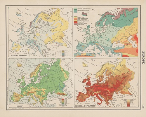Europe; Annual Rainfall, Vegetation, Land Relief, Density of Population