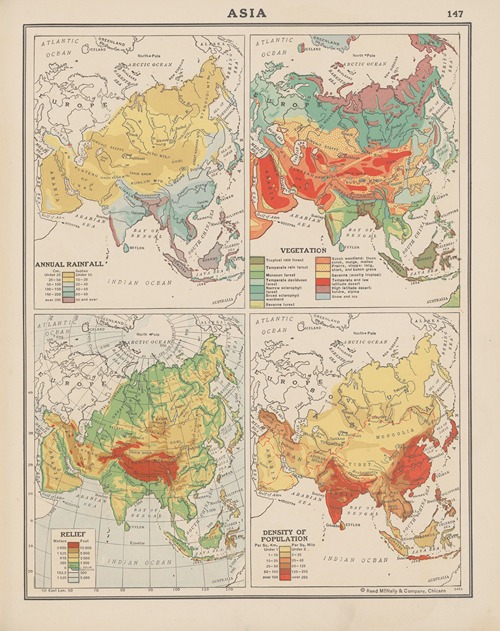 Asia; Annual Rainfall, Vegetation, Land Relief, Density of Population