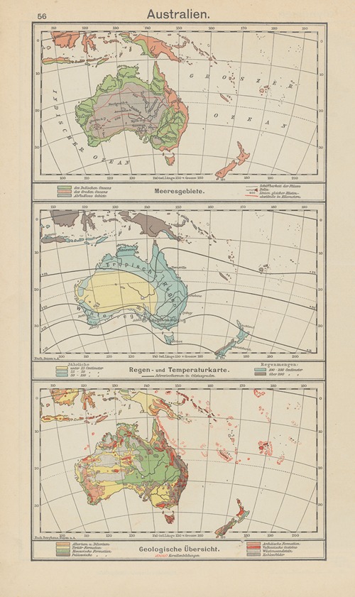 Australien‎; Meeresgebiete.‎ ‎—‎ ‎Regen-‎ ‎und‎ ‎Temperaturkarte.‎ ‎—‎ ‎Geologische‎ ‎Übersicht