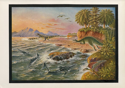 Europaische Landschaft zur beginnenden Krei-deperiode der Erde mit vorzeitlichen Reptilien