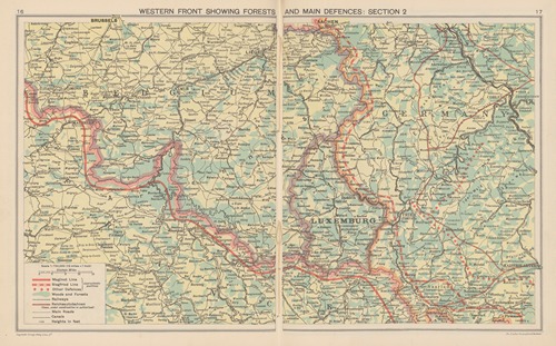 Western front showing forests and main defences; section