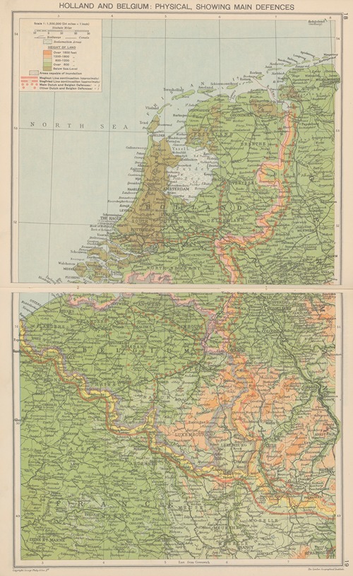 Holland‎ and‎ ‎Belgium; Physical, showing main defences