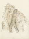 Schetsblad met man, die twee paarden in bedwang houdt