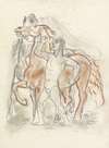 Schetsblad met naakte man, die twee paarden in bedwang houdt