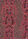 Textile Design with Vertical Strips of Pearls Framed by Ornamental Scrolling Motifs over a Striped Background with Dots