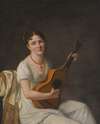Portrait Of A Lady, Seated In An Interior, wearing a White Dress And Playing The Guitar
