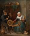 An Elderly Couple Spinning Wool in An Interior