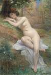 Female nude in a forest landscape
