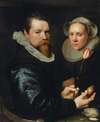 Portrait Of A Husband And Wife, He Holding A Tulip And Bulb, A Selection Of Shells On The Shelf Below