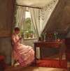 Interiør med Anna Augusta Åhman, der syr ved et vindue